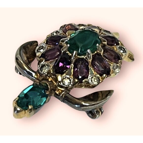 HIGH END NUMBERED 50’s Purple Glass Rhinestone Open Back Turtle Figural Brooch - Picture 3 of 8
